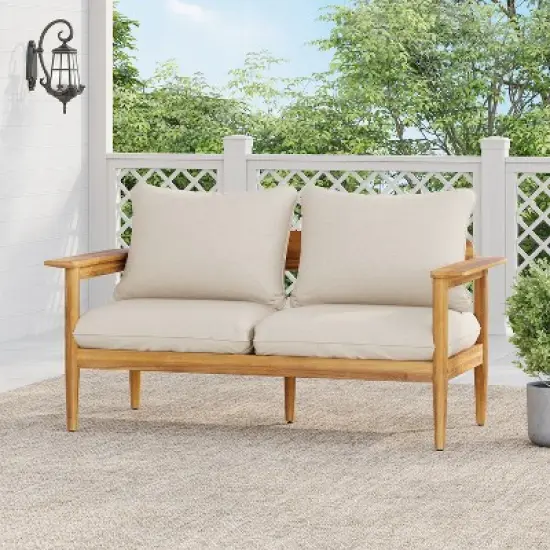 Christopher Knight Home Kara 61" Outdoor Acacia Wood Loveseat with Water-Resistant Cushions and Slat Open Back image {1}