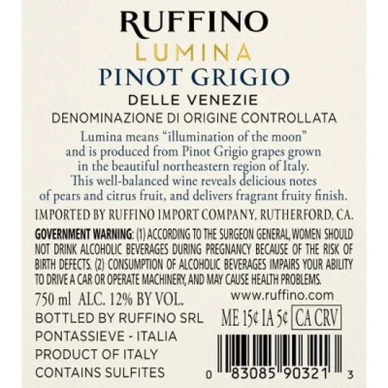 Ruffino Lumina DOC Pinot Grigio Italian White Wine - 750ml Bottle image {10}