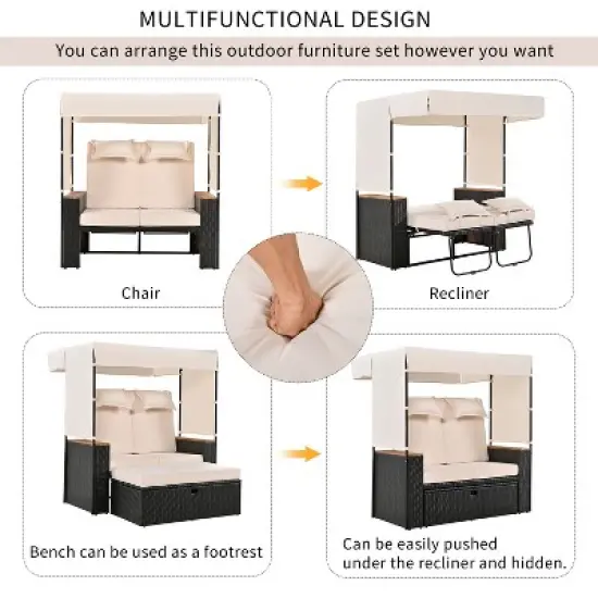 2-Piece Outdoor Rattan Daybed with 5 Tilt Angles, Lounge Roof Set Patio Sofa Loveseat Cushioned Chair with Bench, Beige/Gray-HABITRIO image {3}