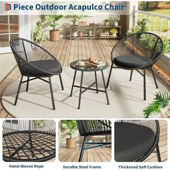 3 Pieces Outdoor Acapulco Chair Patio Bistro Set with Glass Top Table, Modern Patio Conversation Chairs Set of 2 for Balcony, Garden, Backyard image {3}