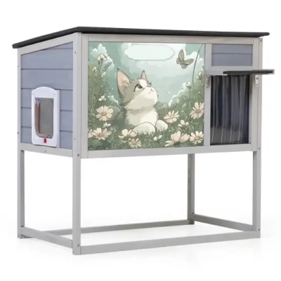 SEVOBAL Pet Crates And Houses High-Legged Rainproof Outdoor Cat House With Windproof Curtain And Customizable Roof Cover, Grey, 35.40"*21.60"*32.30" image {5}