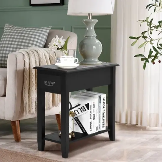Costway 2 Tier End Bedside Sofa Side Table Narrow Nightstand w/Drawer &Shelf Black image {2}