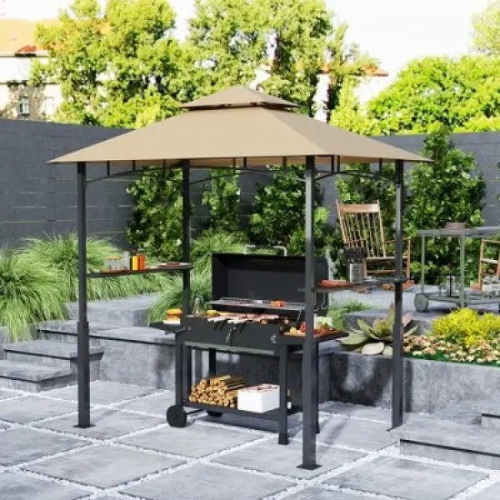 Outsunny 8' x 5' Grill Gazebo, Double Tiered Outdoor BBQ Gazebo with LED Light, 2 Side Shelves, Hooks and Bottle Opener for Patio Yard image {2}