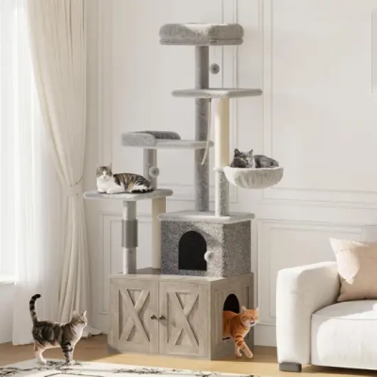 Cat Tree with Litter Box Enclosure, 2-in-1 Modern Cat Tower with Scratching Posts, Multiple Platform and Large Condo, Multilevel Indoor Kitten House image {6}