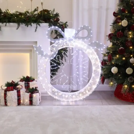LuxenHome 3Ft Lighted Ornament & Snowflake Wreath, Silver & White Outdoor Christmas Decoration image {6}