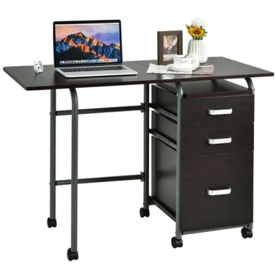 Costway Folding Computer Laptop Desk Wheeled Home Office Furniture w/3 Drawers Brown/Natural image {10}