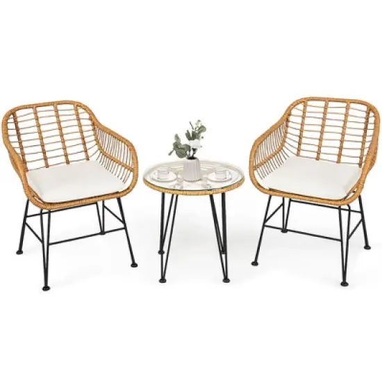 Costway 3PCS Patio Rattan Bistro Furniture Set Cushioned Chair Table image {8}
