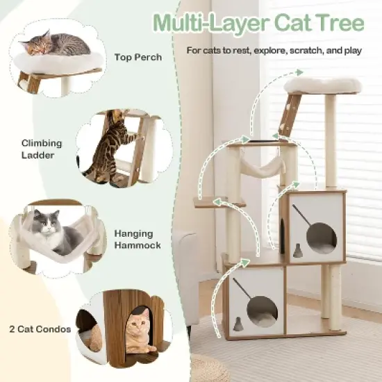 Tangkula Modern Cat Tree 57" Wood Cat Tower with Sisal Scratching Posts Padded Top Perch 2 Cat Condos Hanging Hammock & Climbing Ladder image {5}