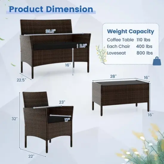 Costway 8 PCS Patio Furniture Set with Washable Cushions and Tempered Glass Coffee Table Black/Grey/Navy/Turquoise/Red/Blue/Orange image {2}