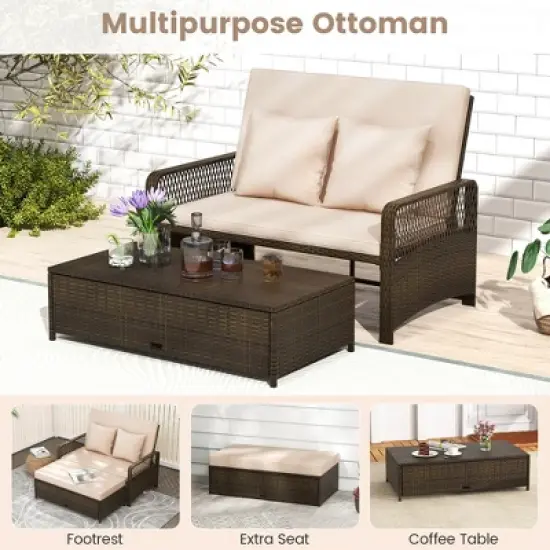 Tangkula Patio Rattan Daybed Wicker Loveseat Sofa w/ Multifunctional Ottoman image {7}