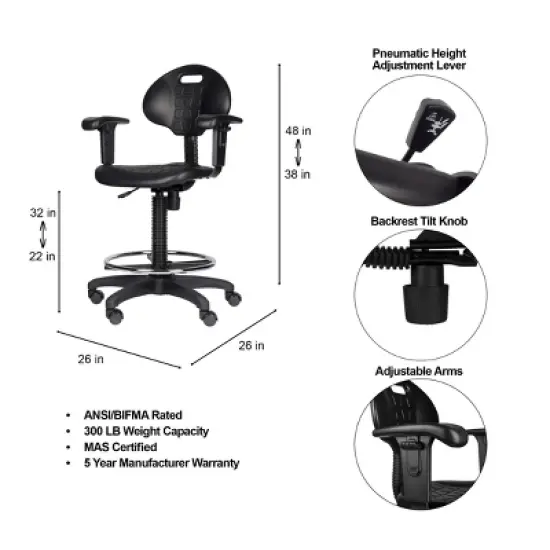 22"-32" Adjustable Height Polyurethane Task Office Chair with Arms Black- Hampden Furnishings image {13}