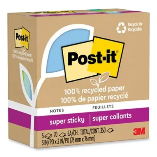 Post-it Notes Super Sticky 100% Recycled Paper Super Sticky Notes, 3" x 3", Oasis, 70 Sheets/Pad, 5 Pads/Pack image {1}