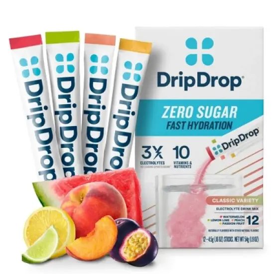 DripDrop Zero Sugar Hydration Powder Vegan Electrolyte Supplements - Watermelon, Lemon Lime, Peach, Passion Fruit - 1.9oz/12ct image {10}
