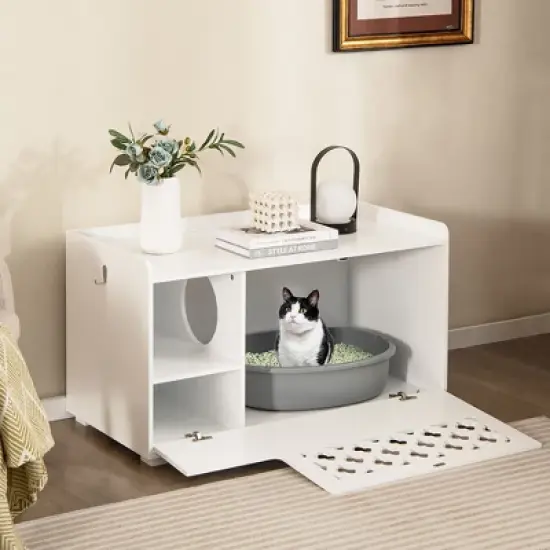 Tangkula Cat Litter Box Enclosure w/ Removable Cushion & Flip-Down Opening Modern White image {1}