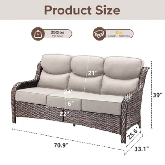 6" Thick Cushion Outdoor Wicker Patio Sofa, All Weather Wicker Outdoor Furniture 3-Seater Sofa High Back Patio Couch for Porch Balcony image {3}