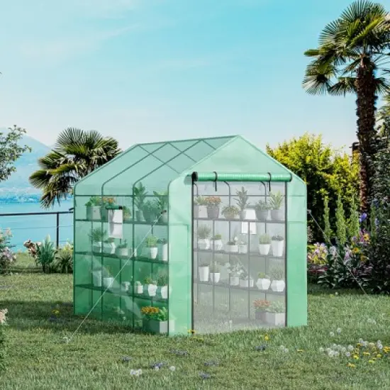 Outsunny 8' x 6' x 7' Walk-in Greenhouse, 18 Shelf Hot House, Roll Up Zipper Door, UV protective for Flowers, Herbs, Vegetables, Green image {2}