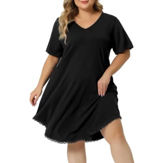 Agnes Orinda Women's Plus Size V Neck Short Sleeve Lace Trim Hem Nightgown image {5}
