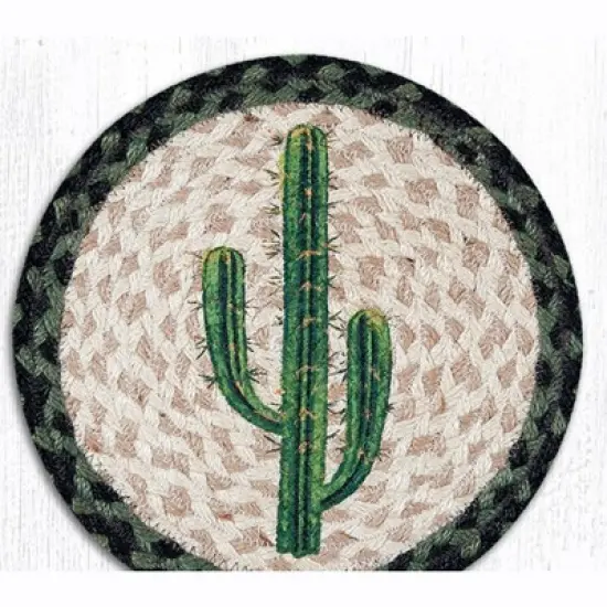 Earth Rugs Saguaro Printed Round Trivet &ndash; 10"x10" Braided Jute Table Mat with Southwestern Desert Cactus Design image {1}