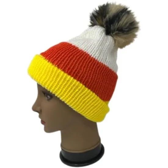 Adult Halloween Candy Corn Design Handmade Beanie Hat Removeable Pom image {2}