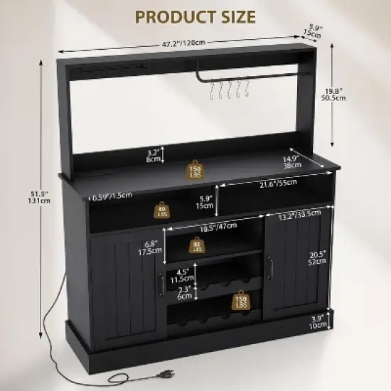 Modern Black Bar Cabinet with Wine Storage, Adjustable Shelves & Cup Rack - Kitchen Dining Room Coffee Bar Organizer image {1}