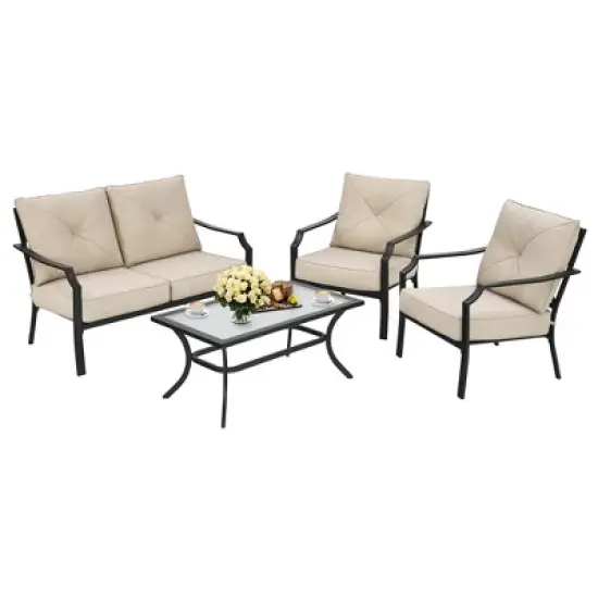 Costway 4 PCS Patio Furniture Set Cushion Sofa Loveseat  Sectional Garden Deck Poolside image {2}