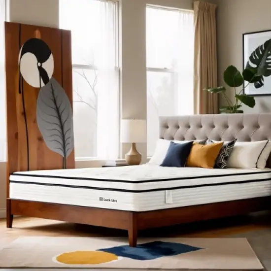 Luck Live 12 inch boxed Queen mattress, medium firmness support, pressure relief, and CertiPUR-US certified. image {7}