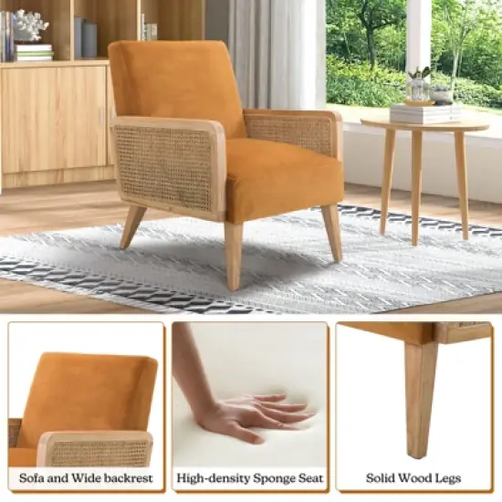 Chlo&eacute; Cane Arm Chair with Wood Base Living Room Upholstered Accent Chair with Rattan Armrest | Karat Home image {2}