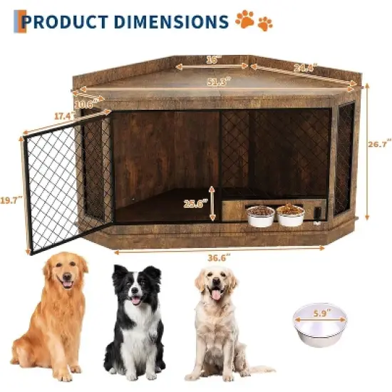 52" Corner Dog Crate Furniture with Rotating Feeder,Wood End Table & TV Stand w/ Ventilated Mesh for Small/Medium/Large Dogs image {5}