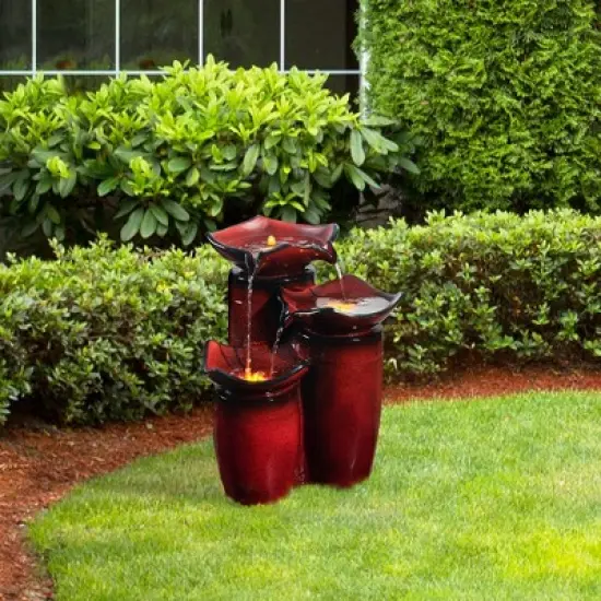 Teamson Home Outdoor 3-Tier Glazed Pot Floor Fountain with LED Lights, Red image {2}