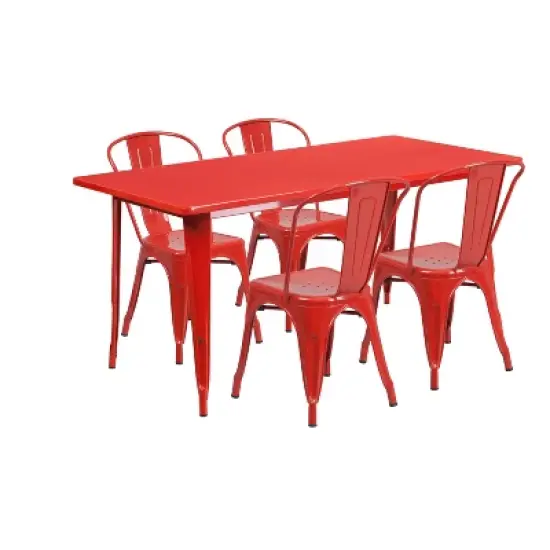 Emma and Oliver Commercial Grade Rectangular Metal Indoor-Outdoor Table Set with 4 Stack Chairs image {5}