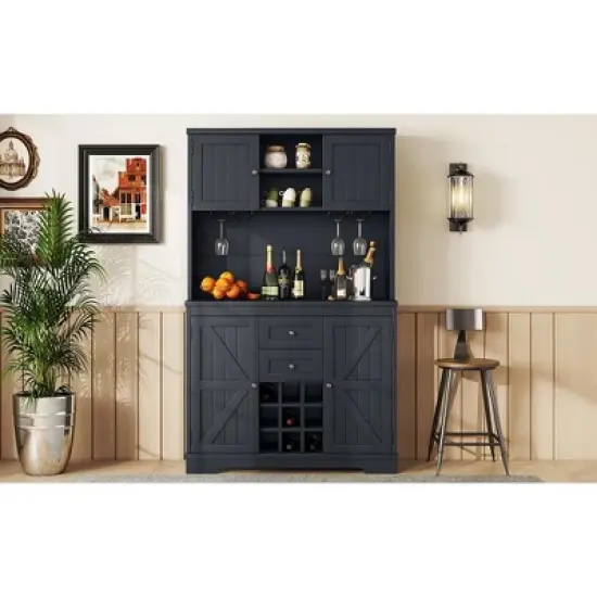 Gulches Timeless Multi Functional Coffee and Wine Bar Cabinet Open Shelves, 9 Grid Bottle Holders, 6 Hooks and Durable Build image {4}