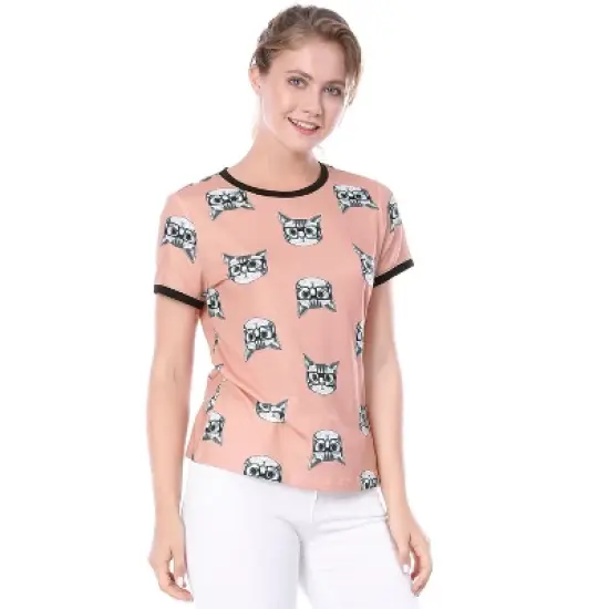 Allegra K Women's Cat Contrast Cartoon Print Tee Casual Summer T-Shirt image {1}