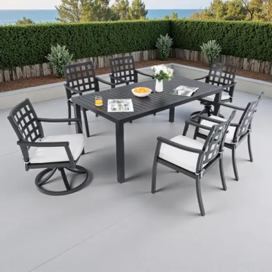 7-Piece Outdoor Patio Aluminum Dining Set with 67" Rectangular Table, 2 Swivel Rocker & 4 Armchairs, and Umbrella Hole image {9}
