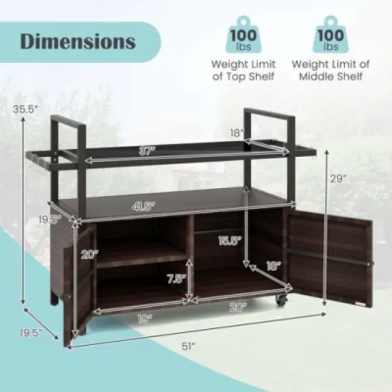 Costway Outdoor Bar Cart with Tempered Glass Top Storage Cabinet & 8 Hooks for Porch Brown/Gray image {2}
