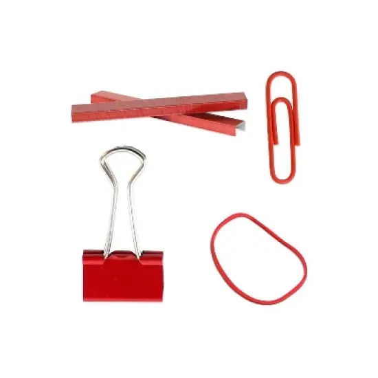 JAM Paper Desk Supply Assortment Red 1 Rubber Bands 1 Small Binder Clips 1 Staples & 1 Small Paper image {1}