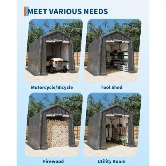 Acekool 7x12FT Outdoor Portable Storage Shed, Roll-Up Door, Heavy-Duty Waterproof PE Tarp, UV-Resistant Shelter for Tools, Garden, Motorcycles, Gray image {3}