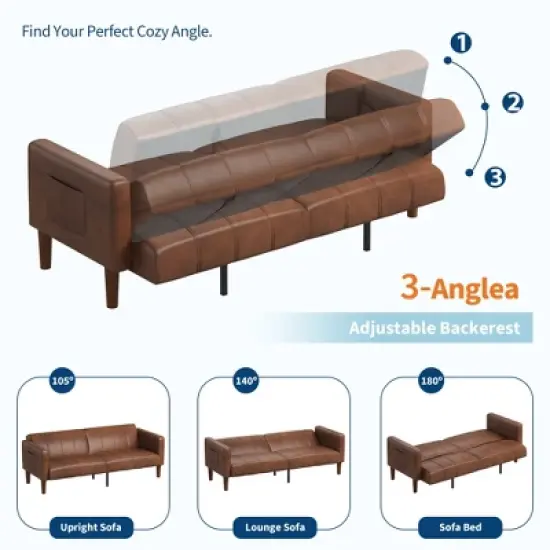 Coucheta 75" PU Leather Futon Sofa Bed, Convertible Loveseat, Adjustable Backrest, Side Pockets, Space-Saving Sleeper Sofa for Small Spaces, Brown image {6}