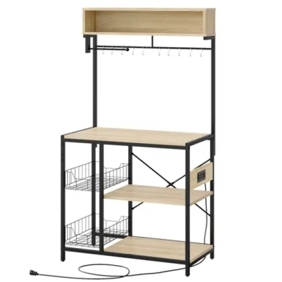 Bestier 65" Bakers Rack with Power Outlets, 5-Tier Kitchen Storage Shelves, Microwave Stand with 2 Wire Basket & 10 Hooks image {8}