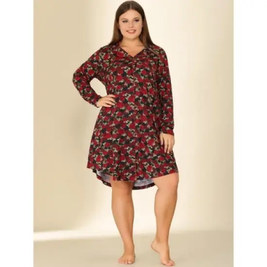 Agnes Orinda Women's Plus Size Floral Notched Lapel Button Up Nightgown image {2}
