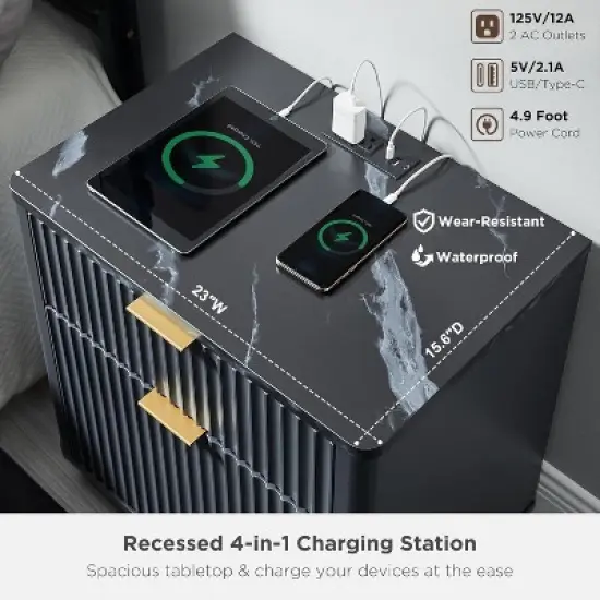 SinCiDo Modern 23" Fluted Nightstands Set of 2 with Charging Station, 2 Storage Drawers Bedside Tables for Bedroom, Living Room image {4}