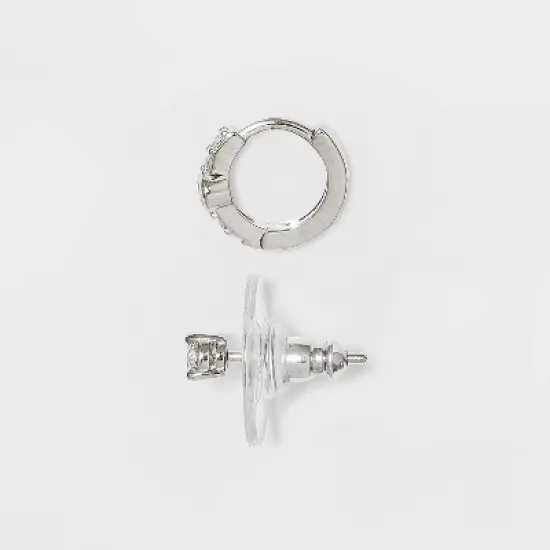 Sterling Silver Cubic Zirconia Stud and Huggie Hoop Trio Earring Set - A New Day&trade; image {1}