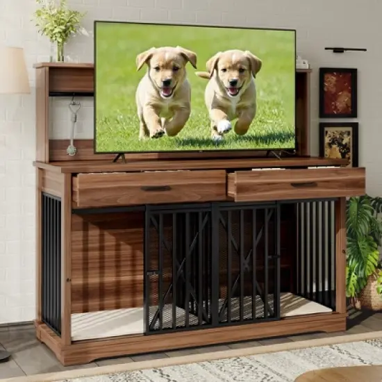 Dog Crate Furniture for Large or 2 Medium Dogs, Heavy Duty Dog Cage Table with 2 Storage Drawers and Shelves,for 2 Dogs with Divider Locks image {16}