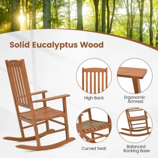 Tangkula Patio Rocking Chair w/ 400 lbs Weight Capacity Eucalyptus Wood Porch Rocker w/ High Back image {4}