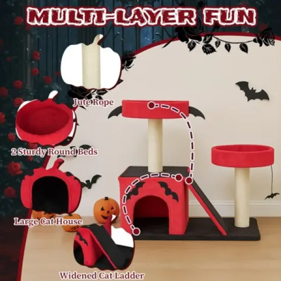 Angel Sar 26'' Gothic Cat Tree with Spacious Condo, 2 Padded Perches and Spider Toy, Red Black Cat Tower for Large Cats image {4}