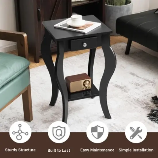 Costway 2PCS End Table Accent Side Table Nightstand w/ Drawer & Bottom Shelf image {5}
