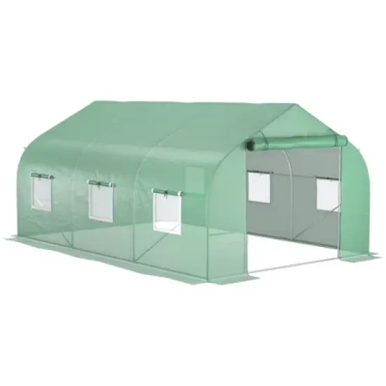 Outsunny Outdoor Walk-In Tunnel Greenhouse Hot House with Roll-up Windows, Zippered Door, PE Cover, Green image {4}