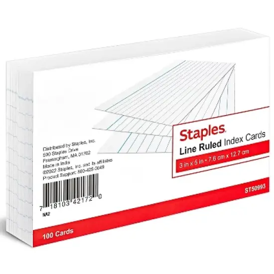 Staples 3" x 5" Line Ruled White Index Cards 100/Pack (50993) TR50993 image {5}