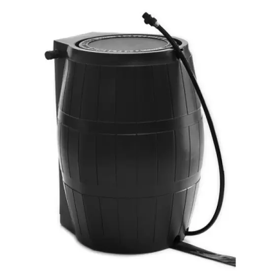 FCMP Outdoor 50-Gallon BPA Free Flat Back Home Rain Catcher Water Storage Collection Barrel for Watering Outdoor Plants & Gardens, Black (2 Pack) image {1}