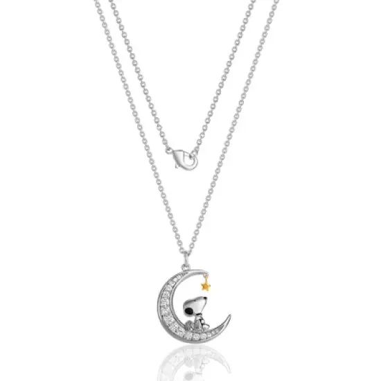 Peanuts Womens Snoopy Moon Cubic Zirconia 18K Yellow Gold Plated Necklace, 18'' image {1}