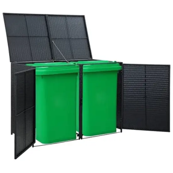 vidaXL Double Wheelie Bin Shed with Lid and Lockable Doors, Poly Rattan 31.5"x58.3"x43.7" Black image {9}